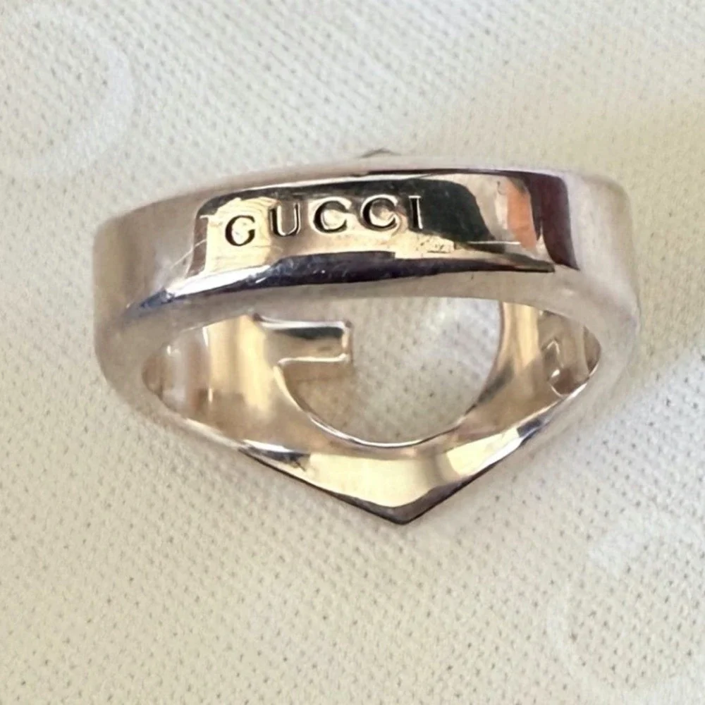 Gucci Sterling Silver Hexagon G Logo Ring Made in Italy Statement Band size 15